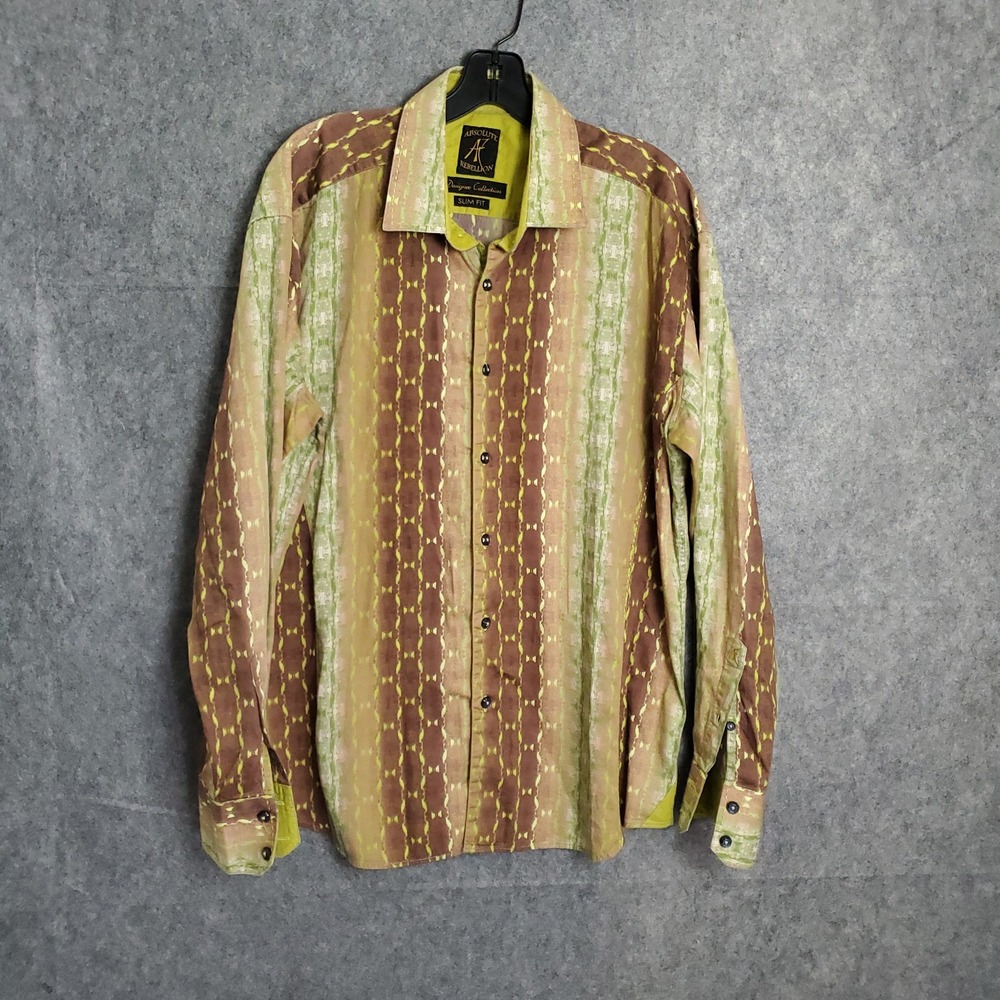 VTG Absolute Rebellion Shirt Men's XL Long Sleeve Button Up Yellow Brown Slim‎